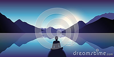 Person enjoy the silence at lake with mountain view in the dusk Vector Illustration