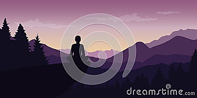 Person enjoy the silence at purple mountain nature landscape Vector Illustration