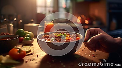 a person enjoying a hearty bowl of homemade chili packed with beans, AI-Generated Stock Photo