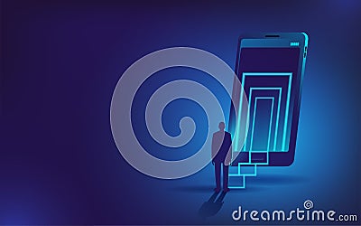 A person enters the virtual world of his mobile phone. Vector Illustration