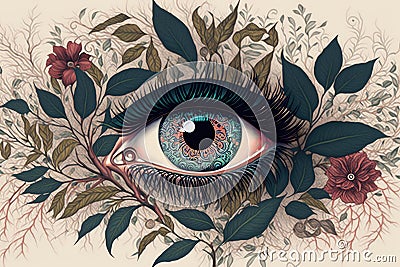 person, with evil eye surrounded by delicate floral designs Stock Photo