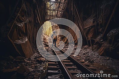 person, exploring abandoned mineshaft and discovering forgotten treasure Stock Photo