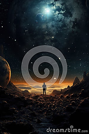 person exploring far worlds with planets and moons, universe discovery concept, fantasy and science fiction Stock Photo