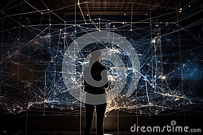 person, exploring vast network of connections and data, using visualization tools to make sense of it all Stock Photo