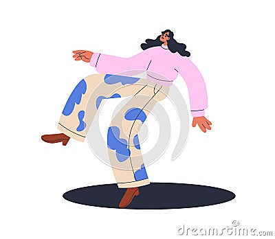 Person falling down into black pit. Unlucky unhappy woman falls in hole, abyss, trap. Failure, problem, misfortune Vector Illustration