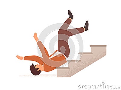 Person falling down from career ladder. Fall of young man from stairs. Failure, fiasco, problem and bad luck concept Vector Illustration