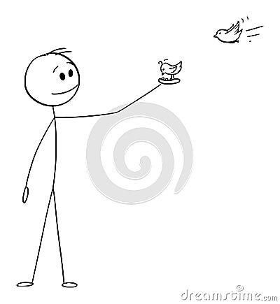 Person Feeding Birds on Hand, Vector Cartoon Stick Figure Illustration Vector Illustration