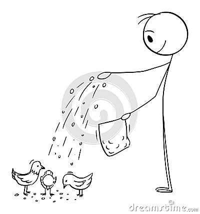 Person Feeding Birds or Pigeons, Vector Cartoon Stick Figure Illustration Vector Illustration