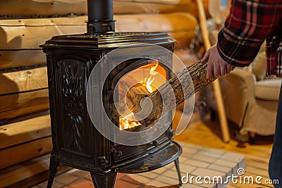 person feeding a log into a castiron stove in a log cabin interior Stock Photo