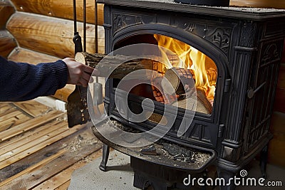person feeding a log into a castiron stove in a log cabin interior Stock Photo