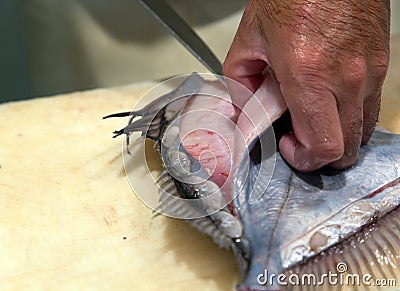 Person filleting fish Stock Photo