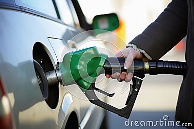 A person filling petrol into a car created with generative AI technology Stock Photo