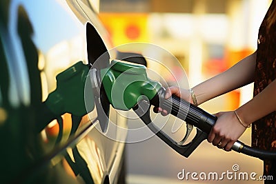 A person filling petrol into a car created with generative AI technology Stock Photo