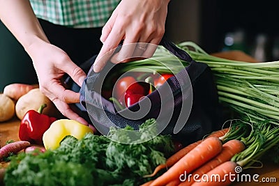 person, filling reusable bag with veggies and fruit from farmer& x27;s market Stock Photo