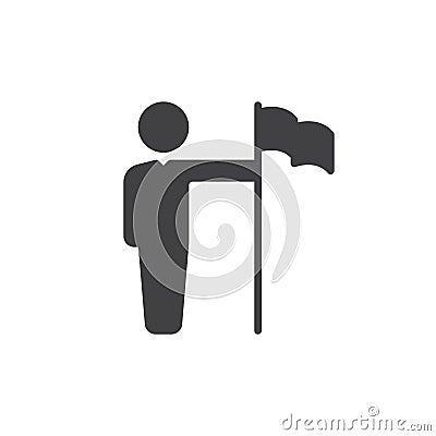 Person with flag icon vector, filled flat sign, solid pictogram isolated on white. Achievement Ñ Vector Illustration