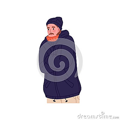 Person freezing, shivering in jacket outdoors. Frozen man shaking from cold weather and frost, low temperature in winter Vector Illustration