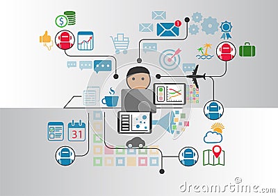 Person in front of notebook who communicates with multiple chatbot services by sending messages across the internet Vector Illustration