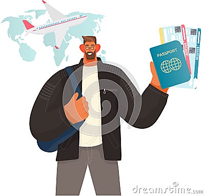 Person getting ID document. Handsome man travelling with foreign passport for citizenship, ID card Vector Illustration