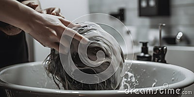 person getting their hair washed in a salon sink one generative AI Stock Photo