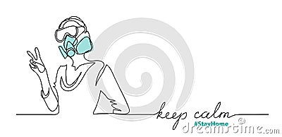 Person, girl in protective respirator and face mask. Vector simple illustration. Fingers in peace sign Vector Illustration
