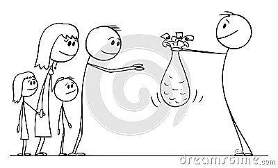 Person Giving Money Gift or Charity Donation to Poor Family, Vector Cartoon Stick Figure Illustration Vector Illustration