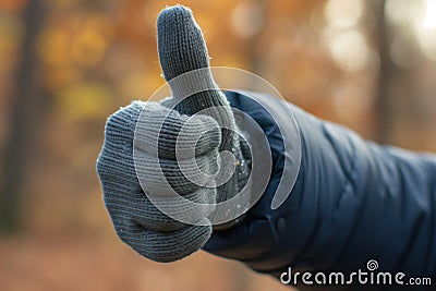 person in gloves giving a thumbsup to the camera Stock Photo