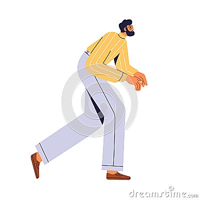 Person going with back crooked and hunched up. Unhealthy tired exhausted employee. Roundbacked man geek after sedentary Vector Illustration