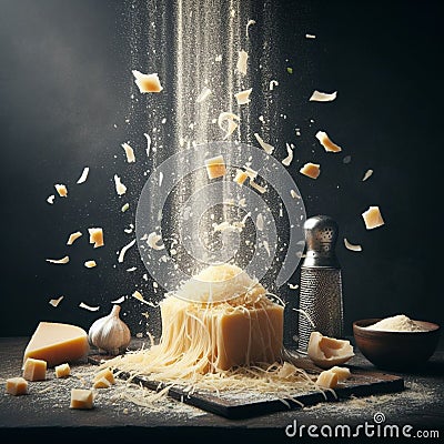 person grating parmigiano regiano parmesan cheese on dark background illustration Cartoon Illustration