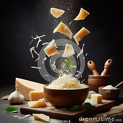 person grating parmigiano regiano parmesan cheese on dark background illustration Cartoon Illustration