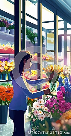 person in a greenhouse with flowers. woman collects a bouquet in a glassed flower shop Stock Photo