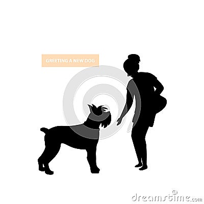 Person greeting approaching an unfamiliar stranger dog silhouette Vector Illustration