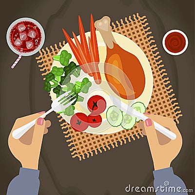 Person with Grilled chicken Vector Illustration