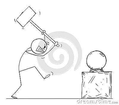 Person With Hammer Trying to Destroy Glass Ball, Vector Cartoon Stick Figure Illustration Vector Illustration