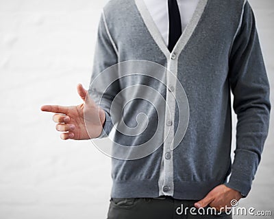 Person, hand and businessman in fashion, loser emoji and sign for mistake, professional and employee. Product placement Stock Photo