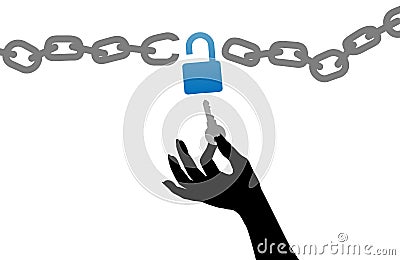 Person hand free unlock chain lock key Vector Illustration