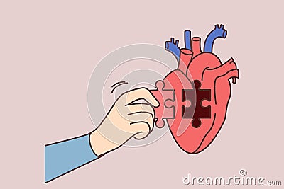 Person hand put puzzle to heart Vector Illustration