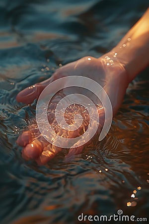 person hand splashing water drops at lake or river, human palm splash aqua Stock Photo