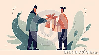 A person handing over a gift to another person, flat illustration Cartoon Illustration