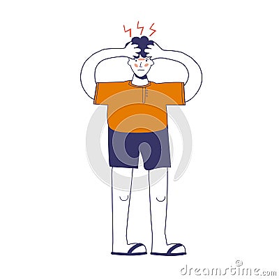 A person having a headache, migraine. Overheat. Magnetic storms. Weather dependence. Vector illustration, blue line, in cartoon Cartoon Illustration