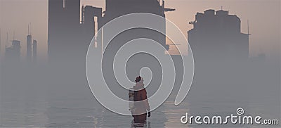 Person in a Hazmat Biohazard Suit Cyber Punk Futuristic Sci Fi City Silhouette Structure Shipyard Coastline Ocean Sea Water Cartoon Illustration