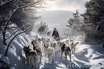 A person hiking with sled dogs AI generated Stock Photo