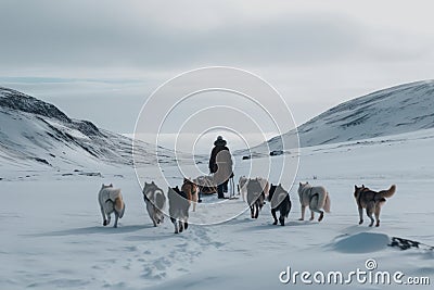 A person hiking with sled dogs AI generated Stock Photo