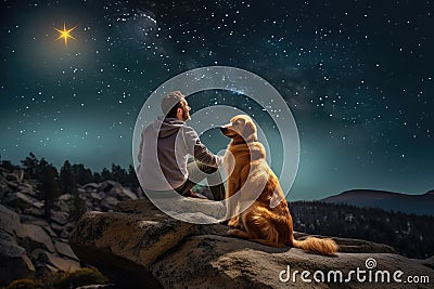 A person with his golden retriever pet looking a starry sky Stock Photo