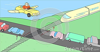 Person in his imagination overcomes a large traffic jam at rail crossing Vector Illustration