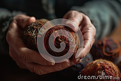 a person holding a ball of yarn in their hands Stock Photo