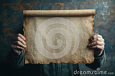 A person holding a blank ancient paper scroll. Add your text or message. Generative Ai Stock Photo