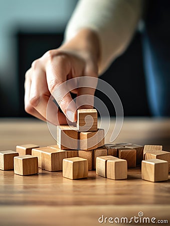 Person is holding block of wood in their hand and placing it on top of other blocks. The blocks are arranged like Stock Photo
