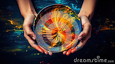 A person holding a bowl of paint with their hands, AI Stock Photo