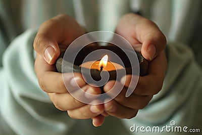 Person holding a candle. Junior girl holding candle light in a traditional ceramic bowl in hands. Stock Photo
