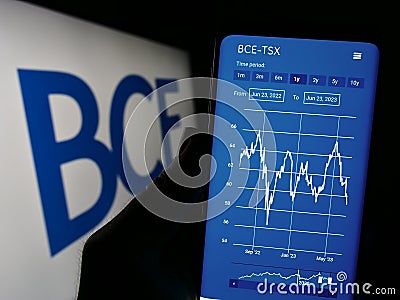 Person holding cellphone with website of Canadian telecommunications company BCE Inc. on screen with logo. Editorial Stock Photo